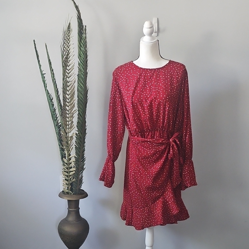 Brick Red Polka Dot Faux Wrap Skirt - Picture 2 of 14